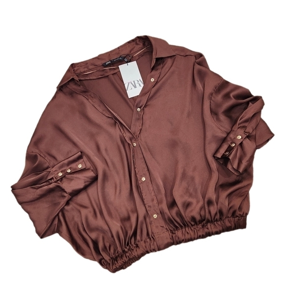 Zara Satin Effect Blouse, With Garter Band,Brown, Women's Large - Picture 6 of 12
